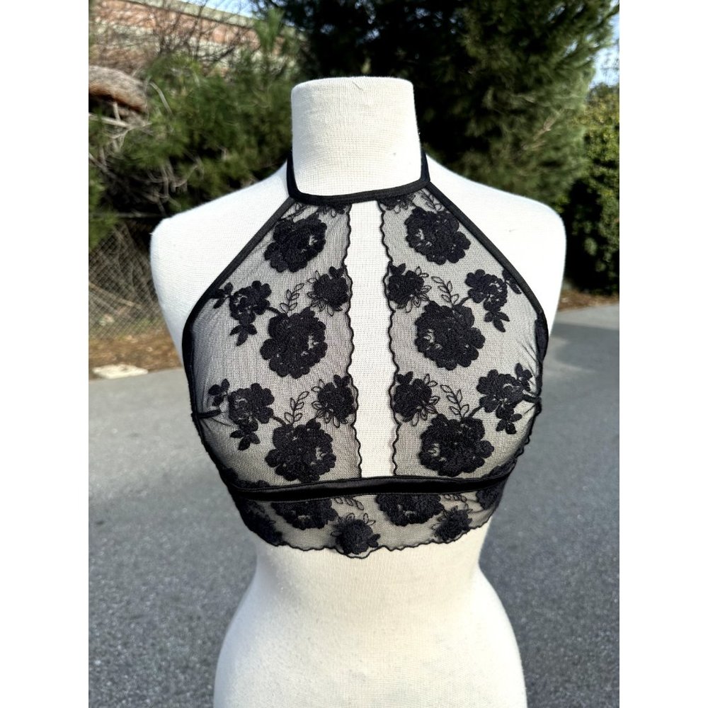 H&M Bralette 8 Black Floral Halter Mesh V-Neck Sleeveless Adjustable Sexy Womens
